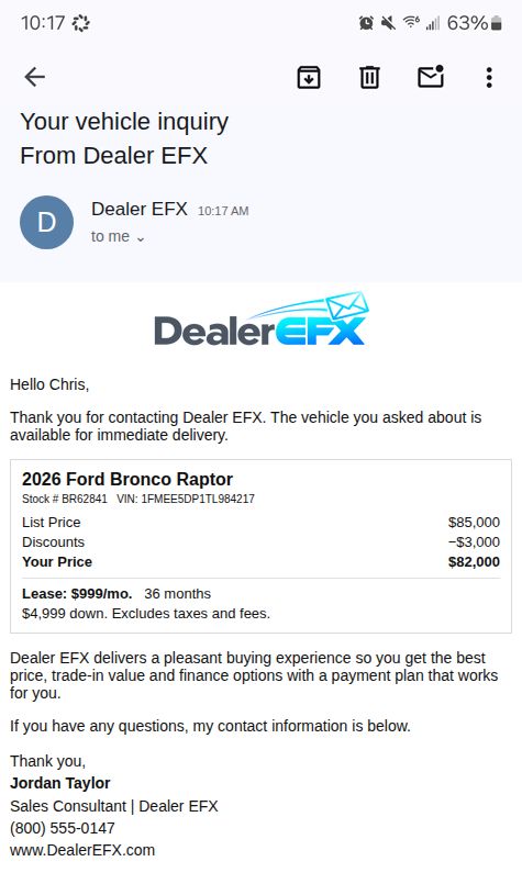 2026 Ford Bronco Raptor — plain quote email with the Dealer EFX logo, message and sales signature