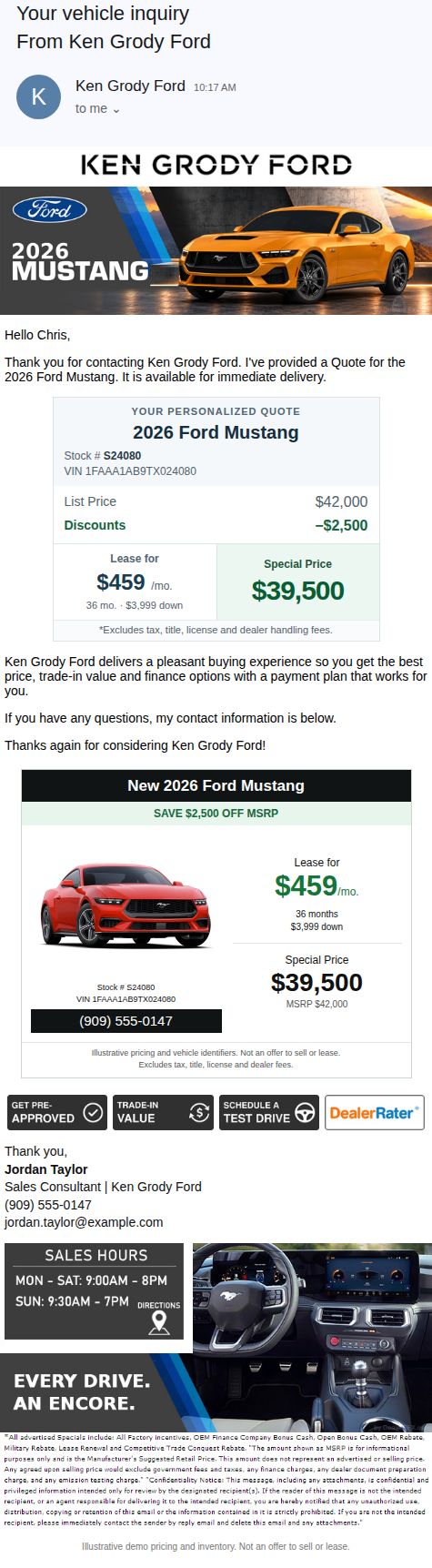 2026 Ford Mustang — finished quote email